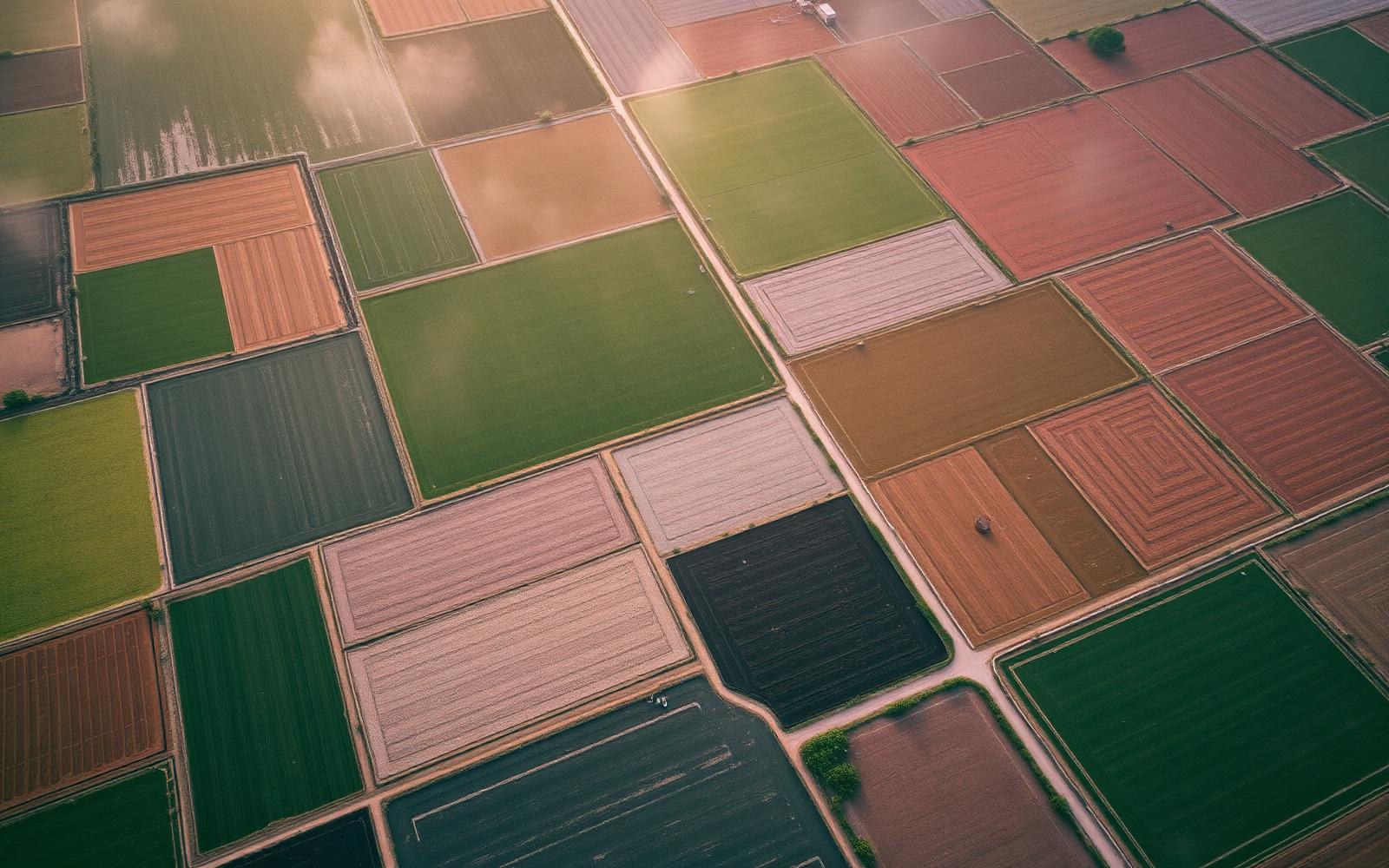 Aerial view of patchwork farm plots across an Indian district
