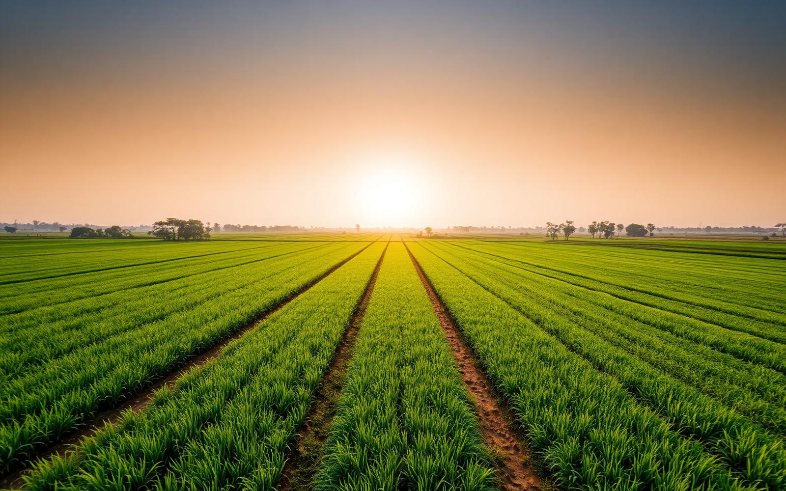 Rows of green crops across Indian farmland at sunrise